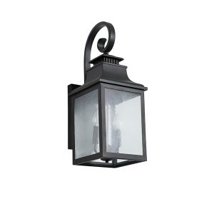 Black outdoor wall lantern light with clear glass shade for porch and patio