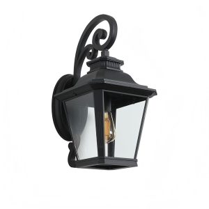 Black outdoor wall lantern sconce with clear glass shade