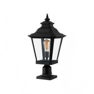 Black outdoor wall lantern light with clear glass shade